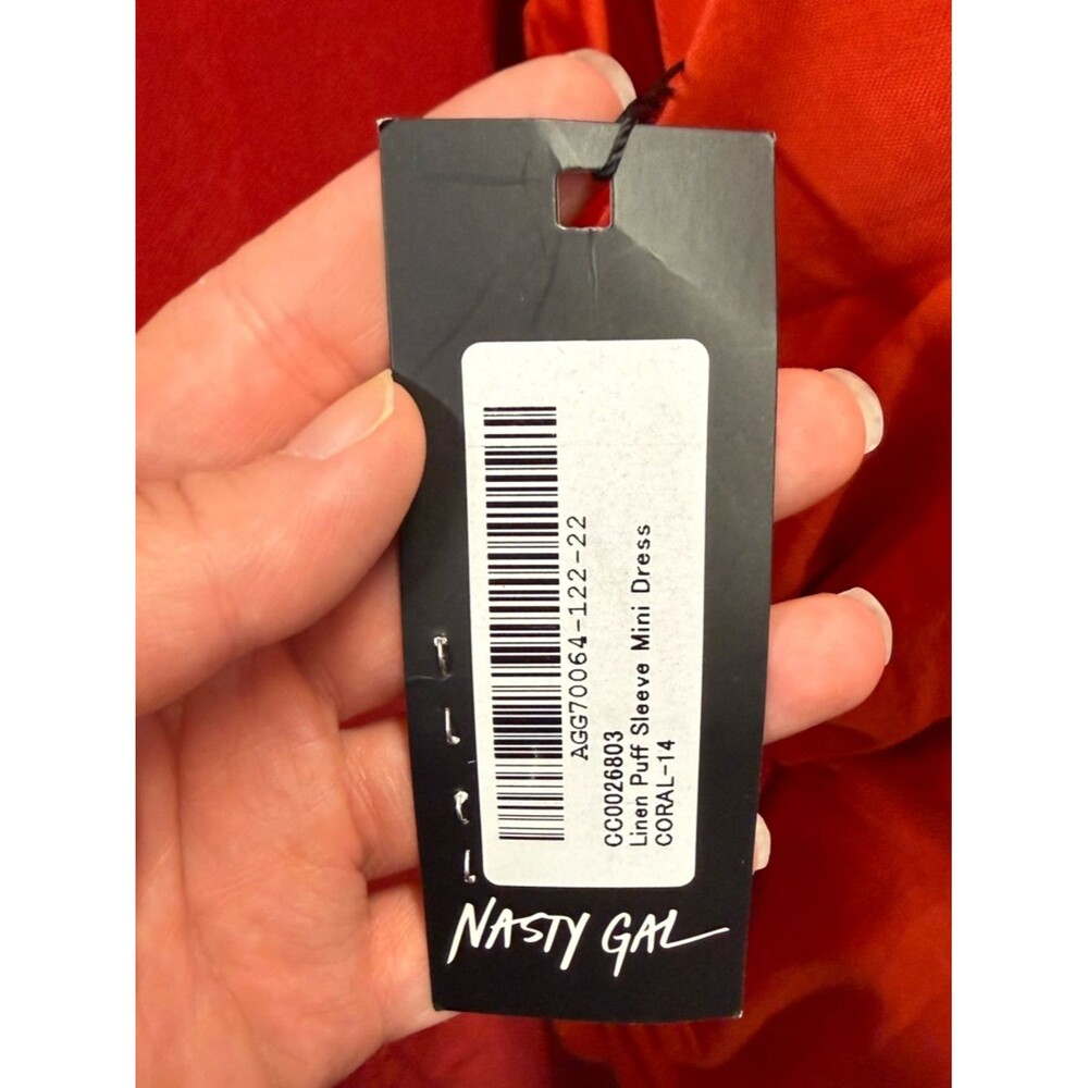 Nasty Gal NWT Linen Puff Sleeve Mini Dress Coral Orange Size 10 Summer Brunch - Picture 9 of 12